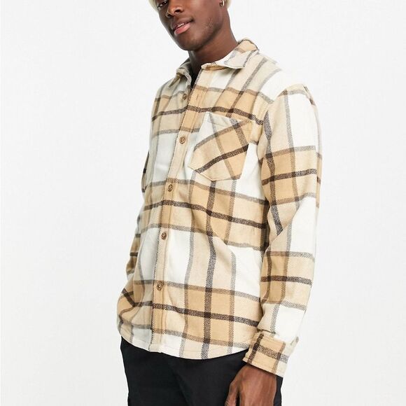 NWOT Pull & Bear checked wool shirt in ecru S - Picture 1 of 8